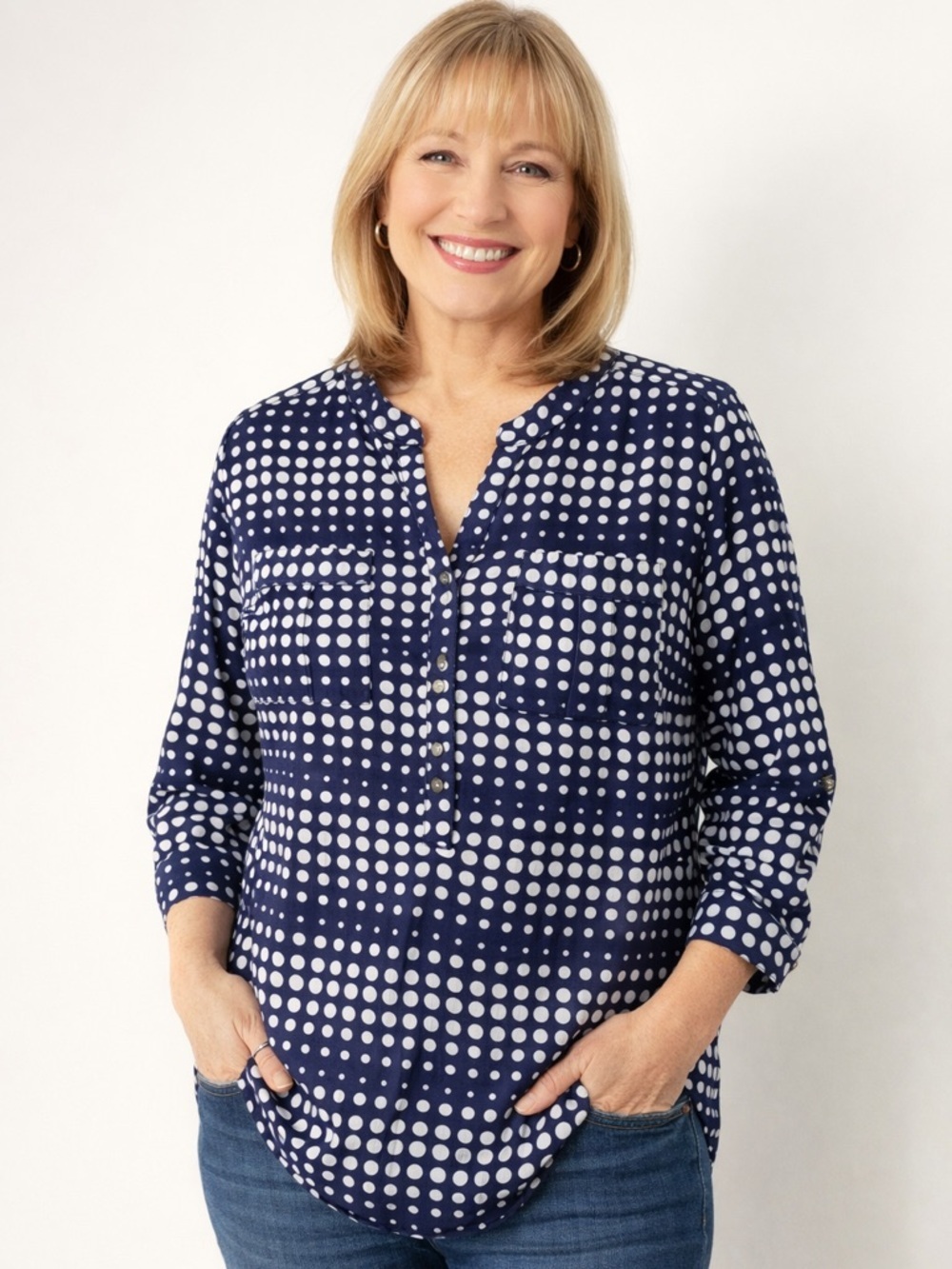 Notations‎ Navy and White Polka Dot Blouse